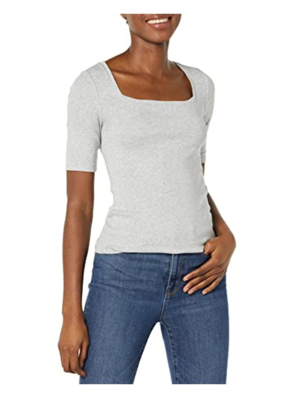 Slim Fit Half Sleeve Square Neck Rib T-Shirt Cotton Modal Tee